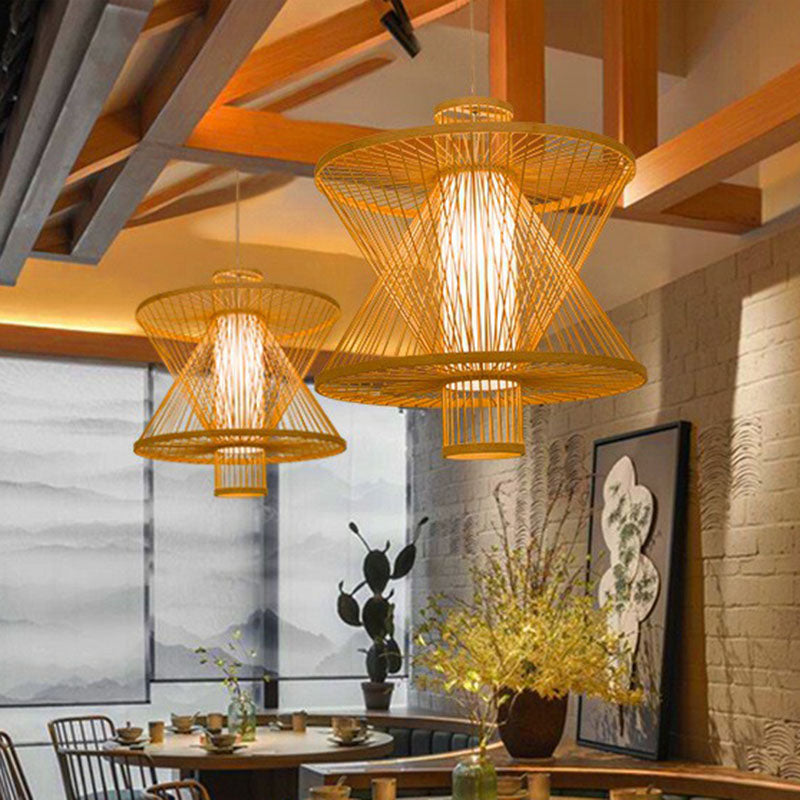 Sandglass Shaped Down Lighting Asian Bamboo 1 Bulb Dining Room Pendant Light in Wood Clearhalo 'Ceiling Lights' 'Pendant Lights' 'Pendants' Lighting' 2044506