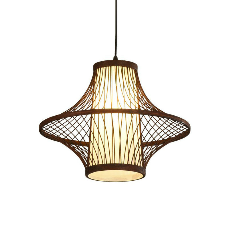 Flared Bamboo Pendant Light Fixture Asian Single Bulb Suspension Lighting with White Shade Inner Clearhalo 'Ceiling Lights' 'Pendant Lights' 'Pendants' Lighting' 2044519