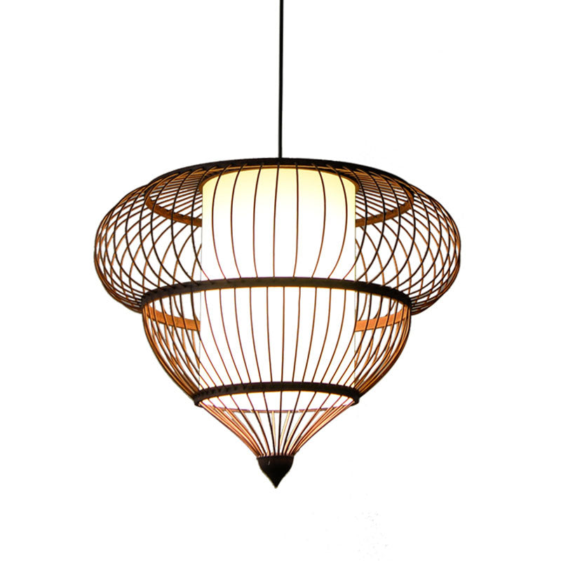 Wooden Geometrical Pendant Lamp Chinese 1 Head Coffee Suspended Lighting Fixture Clearhalo 'Ceiling Lights' 'Pendant Lights' 'Pendants' Lighting' 2044527