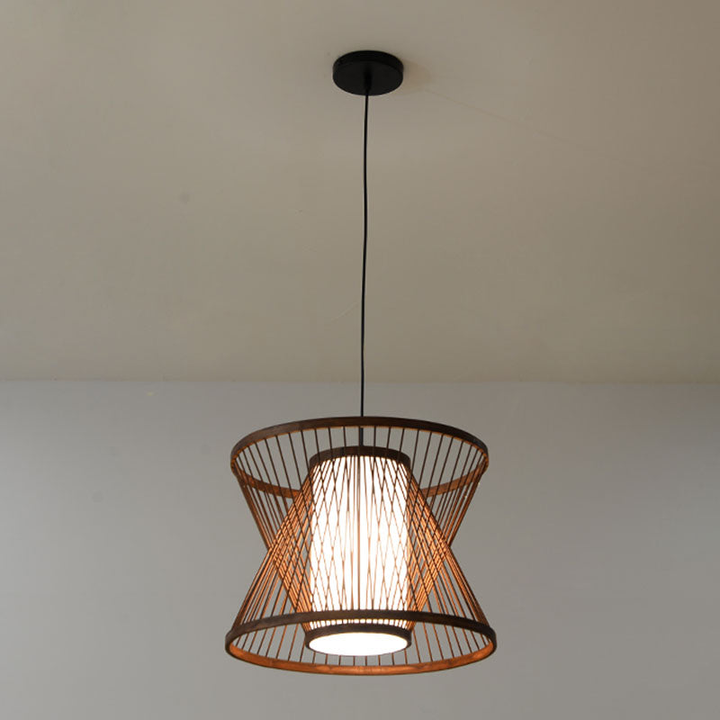 Wooden Geometrical Pendant Lamp Chinese 1 Head Coffee Suspended Lighting Fixture Clearhalo 'Ceiling Lights' 'Pendant Lights' 'Pendants' Lighting' 2044528