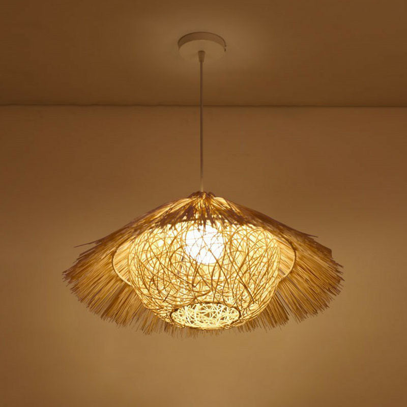 Cottage Woven Shade Drop Pendant Wood 1 Bulb Restaurant Hanging Light Kit in Beige Clearhalo 'Ceiling Lights' 'Pendant Lights' 'Pendants' Lighting' 2044531