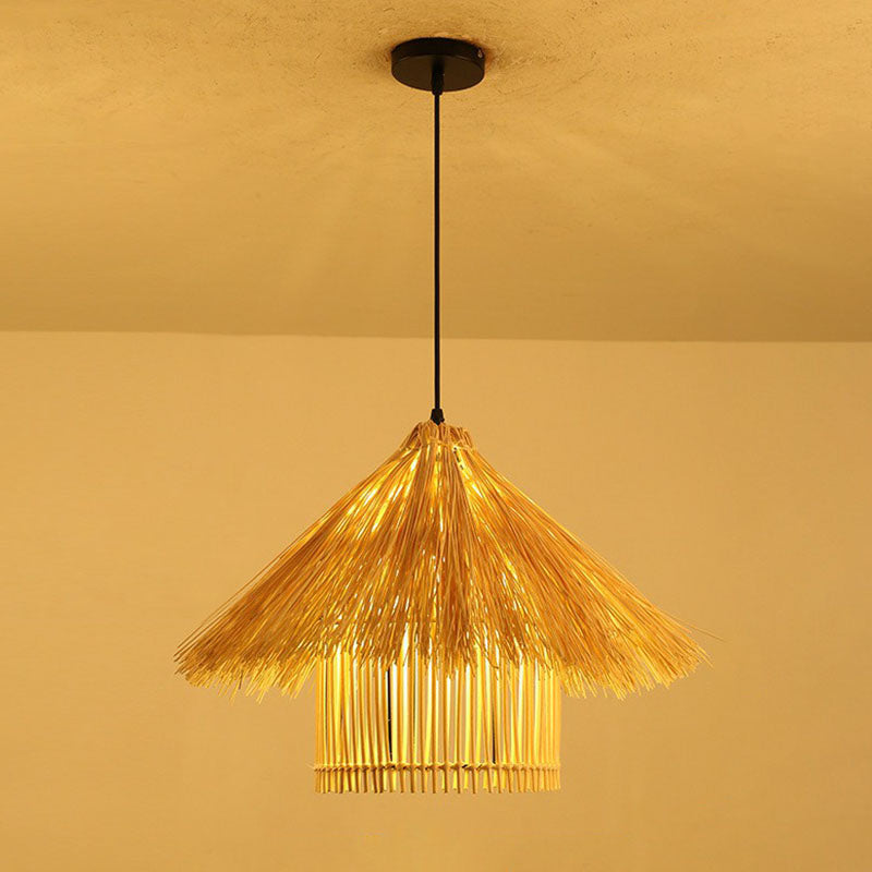 Cottage Woven Shade Drop Pendant Wood 1 Bulb Restaurant Hanging Light Kit in Beige Clearhalo 'Ceiling Lights' 'Pendant Lights' 'Pendants' Lighting' 2044532