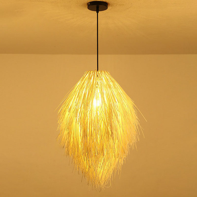 Cottage Woven Shade Drop Pendant Wood 1 Bulb Restaurant Hanging Light Kit in Beige Clearhalo 'Ceiling Lights' 'Pendant Lights' 'Pendants' Lighting' 2044533