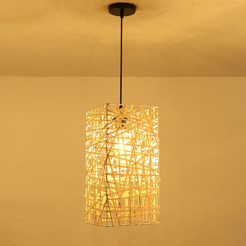 Cottage Woven Shade Drop Pendant Wood 1 Bulb Restaurant Hanging Light Kit in Beige Clearhalo 'Ceiling Lights' 'Pendant Lights' 'Pendants' Lighting' 2044535