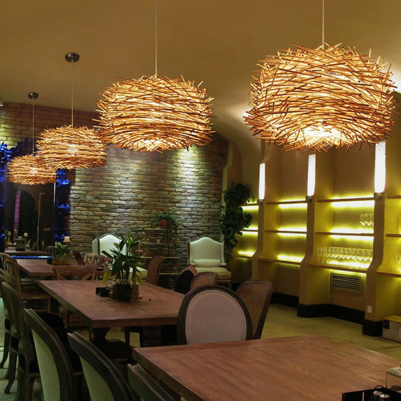 Cottage Woven Shade Drop Pendant Wood 1 Bulb Restaurant Hanging Light Kit in Beige Clearhalo 'Ceiling Lights' 'Pendant Lights' 'Pendants' Lighting' 2044536