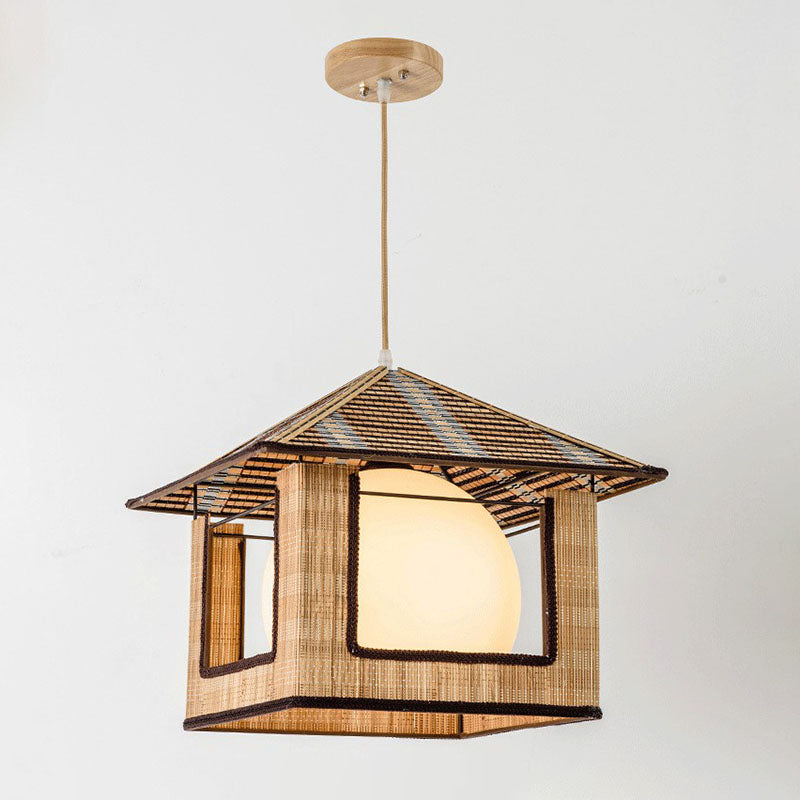 Asian Lodge Pendant Light Kit Bamboo Single Bedside Hanging Lamp in Wood with Dome Milk Glass Shade Inside Wood Clearhalo 'Ceiling Lights' 'Pendant Lights' 'Pendants' Lighting' 2044550_5fca1d9a-d2a3-40f6-b145-0964bf16435b