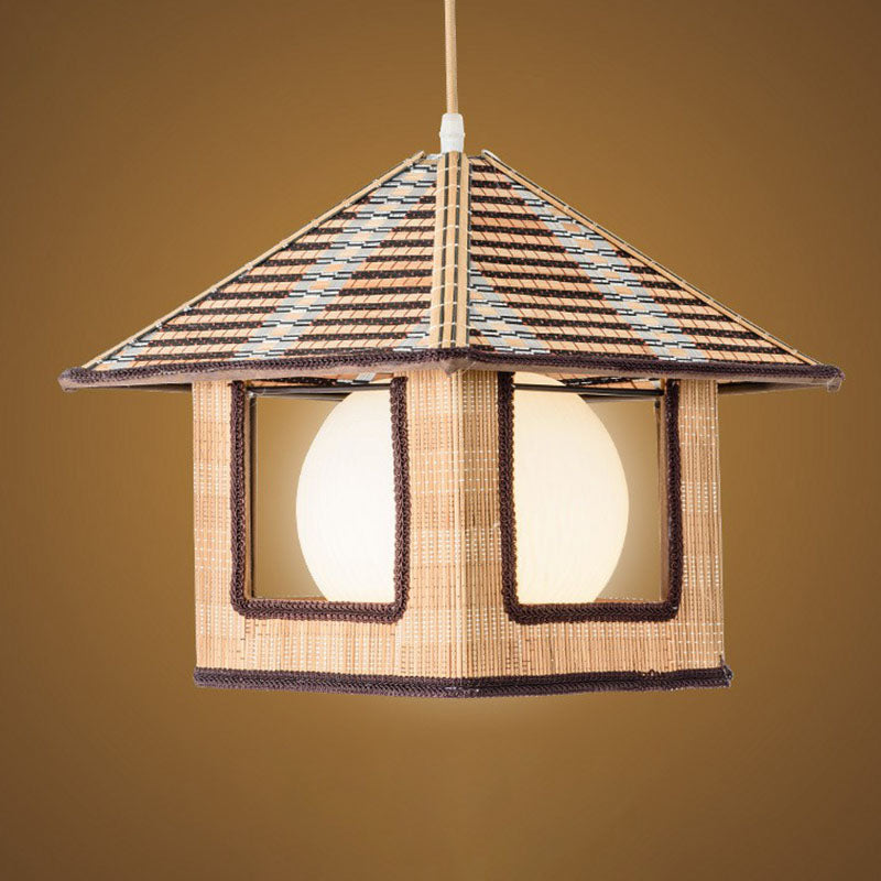 Asian Lodge Pendant Light Kit Bamboo Single Bedside Hanging Lamp in Wood with Dome Milk Glass Shade Inside Clearhalo 'Ceiling Lights' 'Pendant Lights' 'Pendants' Lighting' 2044551