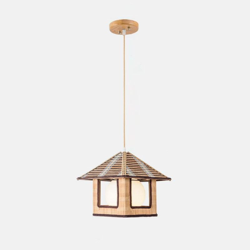 Asian Lodge Pendant Light Kit Bamboo Single Bedside Hanging Lamp in Wood with Dome Milk Glass Shade Inside Clearhalo 'Ceiling Lights' 'Pendant Lights' 'Pendants' Lighting' 2044554