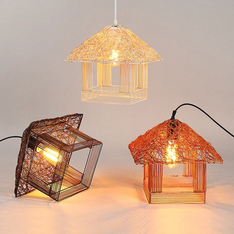 Rattan Woven House Shaped Pendant Country Style Single-Bulb Hanging Ceiling Light Clearhalo 'Ceiling Lights' 'Pendant Lights' 'Pendants' Lighting' 2044556