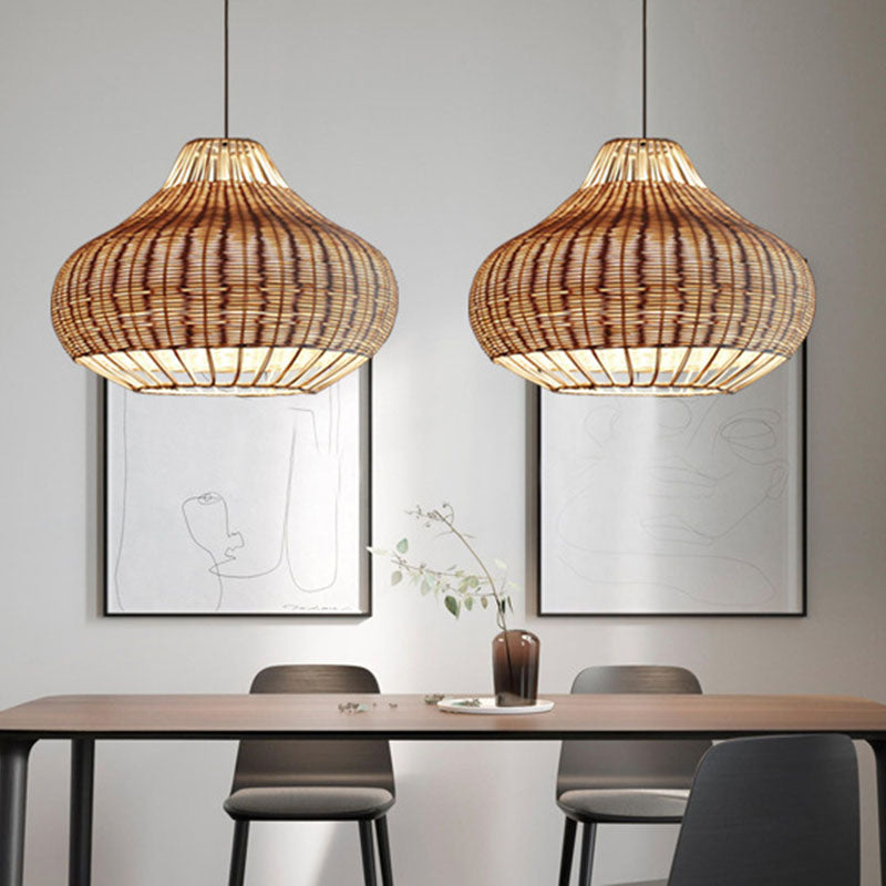 Hand-Worked Pear-Shape Hanging Light Asian Rattan 1-Head Dining Table Suspension Pendant in Wood Clearhalo 'Ceiling Lights' 'Pendant Lights' 'Pendants' Lighting' 2044565