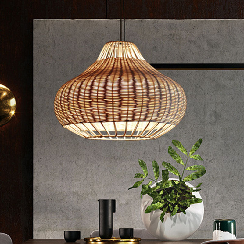 Hand-Worked Pear-Shape Hanging Light Asian Rattan 1-Head Dining Table Suspension Pendant in Wood Clearhalo 'Ceiling Lights' 'Pendant Lights' 'Pendants' Lighting' 2044568