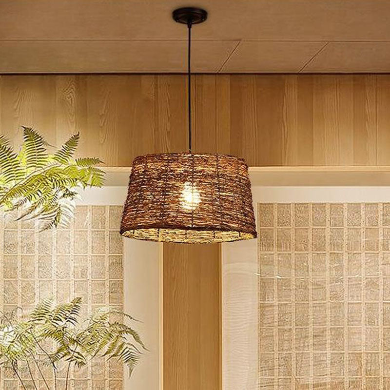 Brown Geometry Suspension Lamp Rustic Single Rattan Hanging Pendant Light for Living Room Clearhalo 'Ceiling Lights' 'Pendant Lights' 'Pendants' Lighting' 2044575