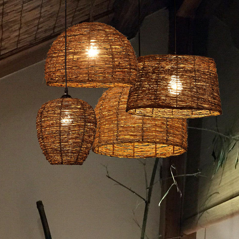 Brown Geometry Suspension Lamp Rustic Single Rattan Hanging Pendant Light for Living Room Clearhalo 'Ceiling Lights' 'Pendant Lights' 'Pendants' Lighting' 2044576