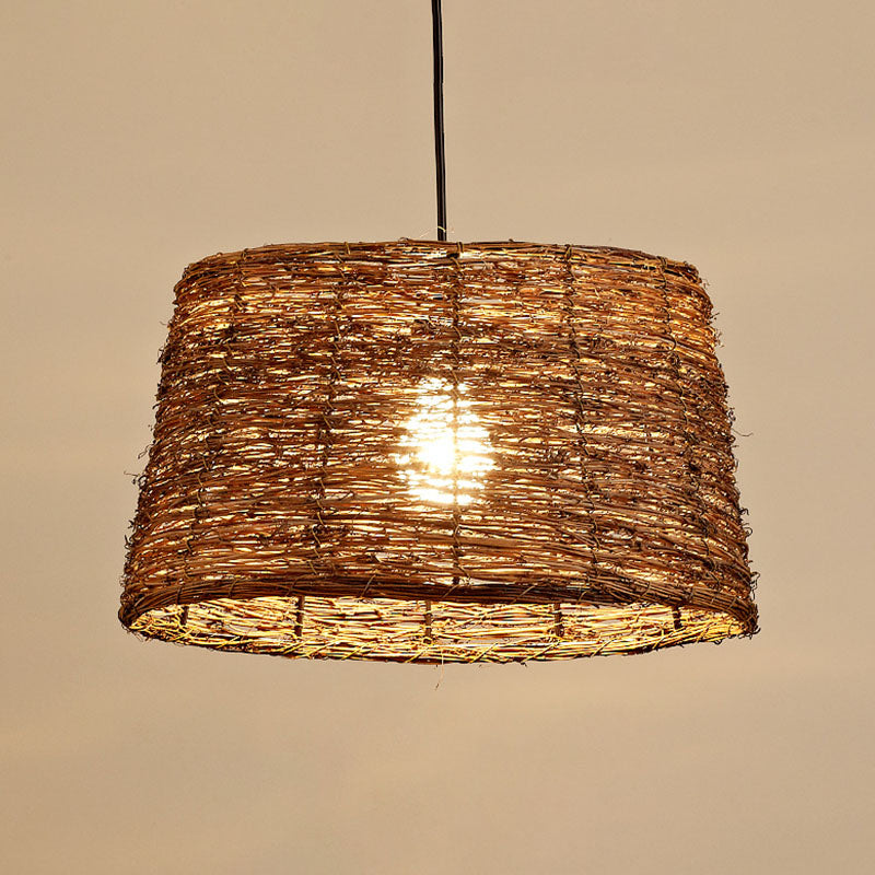 Brown Geometry Suspension Lamp Rustic Single Rattan Hanging Pendant Light for Living Room Clearhalo 'Ceiling Lights' 'Pendant Lights' 'Pendants' Lighting' 2044577