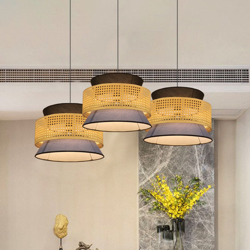 Novelty Asian Hourglass Pendant Lamp Bamboo Single Dining Room Ceiling Light with Mesh Screen in Beige Clearhalo 'Ceiling Lights' 'Pendant Lights' 'Pendants' Lighting' 2044599