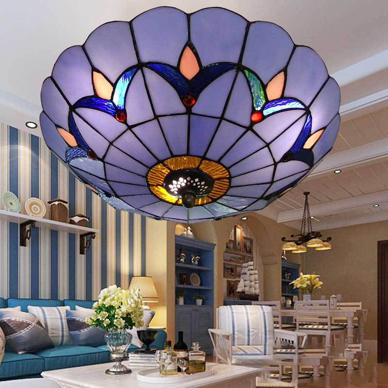 Living Room Ceiling Lights Rustic Style 10"/12" Inch Dome Flush Mount Light Fixture with Jewel Decoration in White/Beige/Blue/Clear Blue Clearhalo 'Ceiling Lights' 'Close To Ceiling Lights' 'Close to ceiling' 'Glass shade' 'Glass' 'Semi-flushmount' 'Tiffany close to ceiling' 'Tiffany' Lighting' 20446