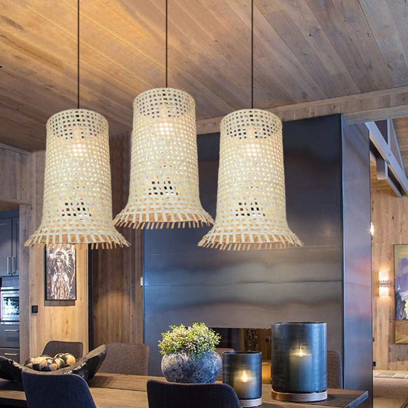 Bamboo Braided Cylindrical Ceiling Lamp Asian 1 Head Wood Hanging Pendant Light with Fringe Trim Wood Clearhalo 'Ceiling Lights' 'Pendant Lights' 'Pendants' Lighting' 2044605_542df510-8d3d-4d06-b1fb-4ce4700a4ea2