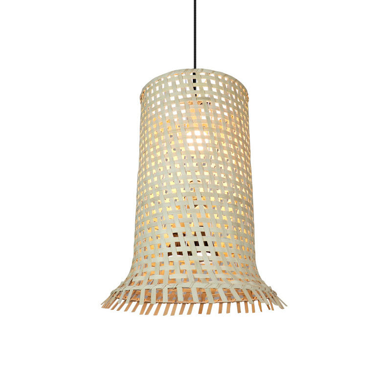 Bamboo Braided Cylindrical Ceiling Lamp Asian 1 Head Wood Hanging Pendant Light with Fringe Trim Clearhalo 'Ceiling Lights' 'Pendant Lights' 'Pendants' Lighting' 2044609