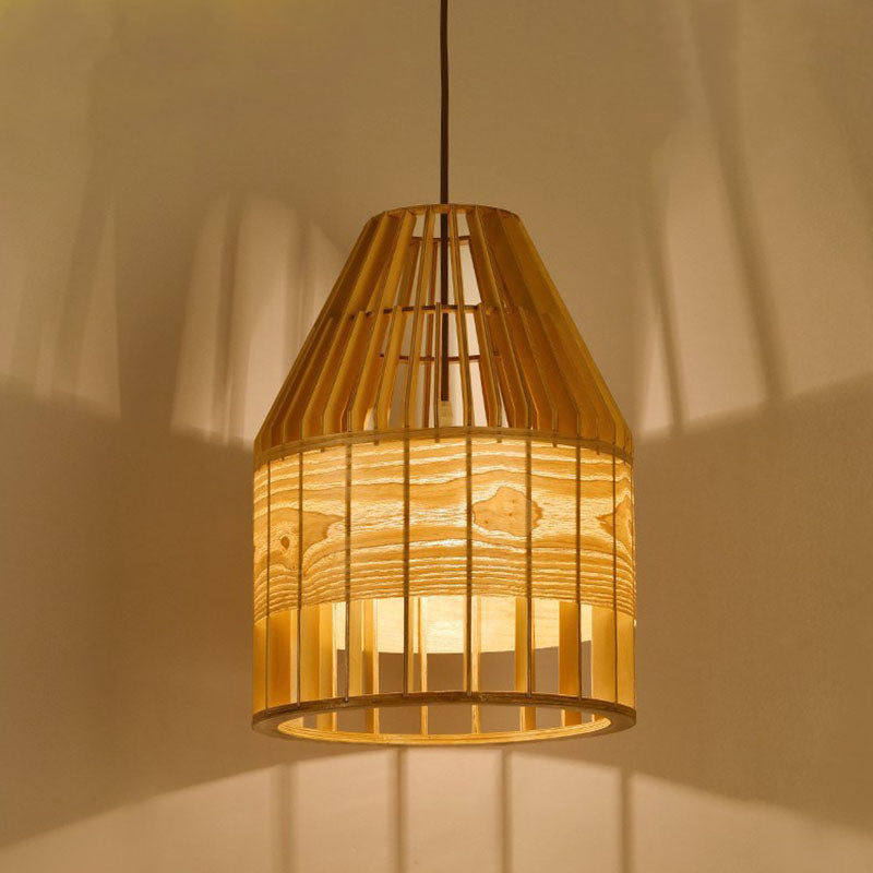 Slatted Cage Wooden Pendant Light Asia Single Bulb Beige Suspended Lighting Fixture Clearhalo 'Ceiling Lights' 'Pendant Lights' 'Pendants' Lighting' 2044622