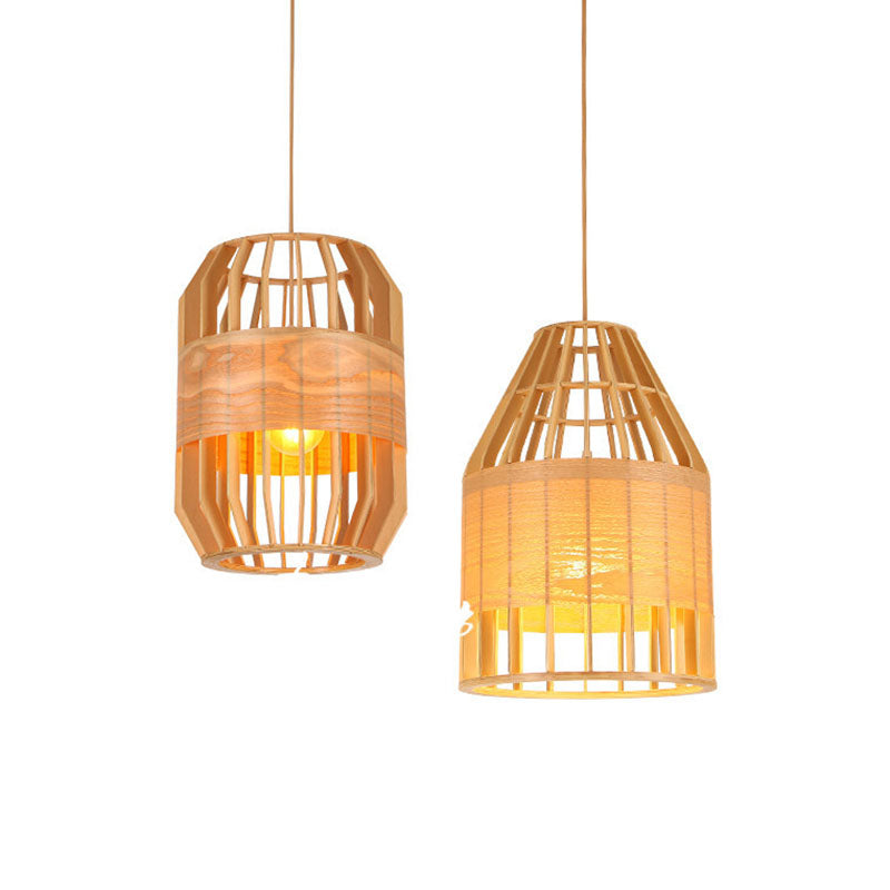 Slatted Cage Wooden Pendant Light Asia Single Bulb Beige Suspended Lighting Fixture Clearhalo 'Ceiling Lights' 'Pendant Lights' 'Pendants' Lighting' 2044626