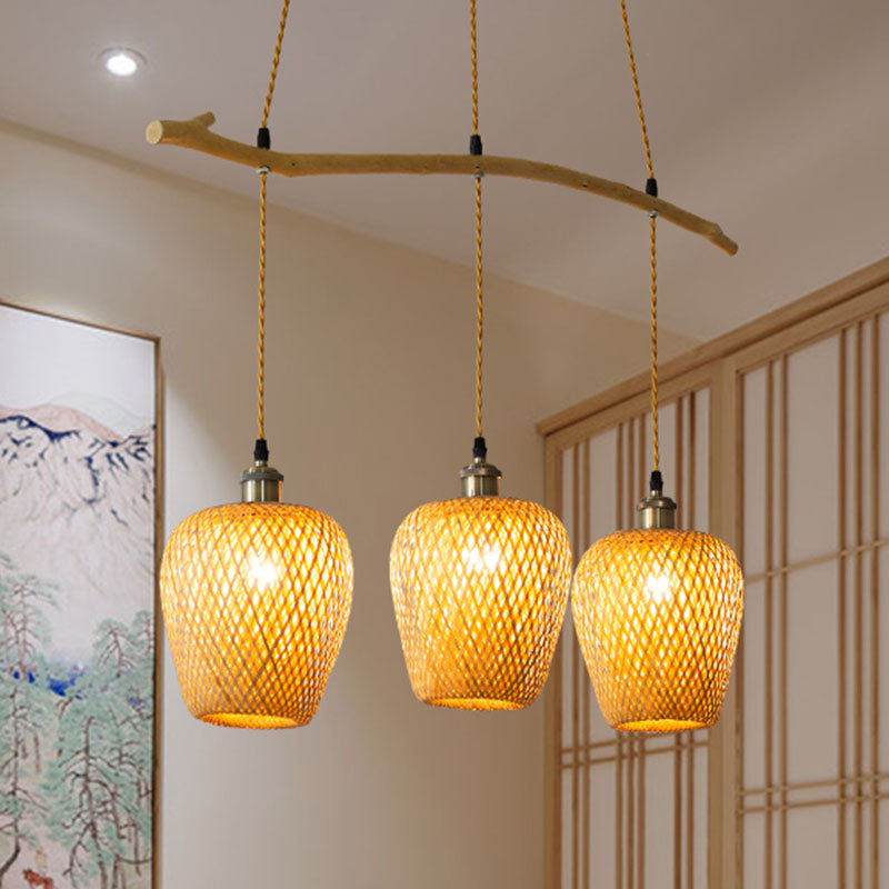 Chinese Style Single Multi-Light Pendant Wood Lantern Hanging Light with Bamboo Shade Clearhalo 'Ceiling Lights' 'Pendant Lights' 'Pendants' Lighting' 2044655