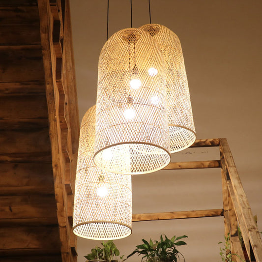 Bamboo Elongated Pendant Chandelier Asian 2 Lights Wood Drop Lamp for Living Room Clearhalo 'Ceiling Lights' 'Chandeliers' Lighting' options 2044680