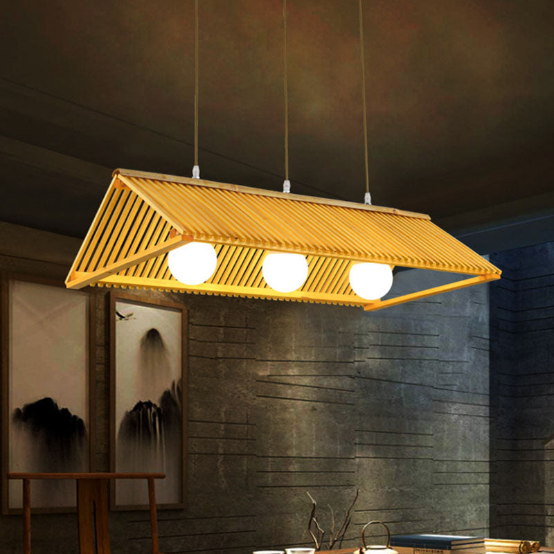 Wood Triangular Prism Pendant Lamp Modern Bamboo Island Ceiling Light with Ball Cream Glass Shade Clearhalo 'Ceiling Lights' 'Island Lights' Lighting' 2044689