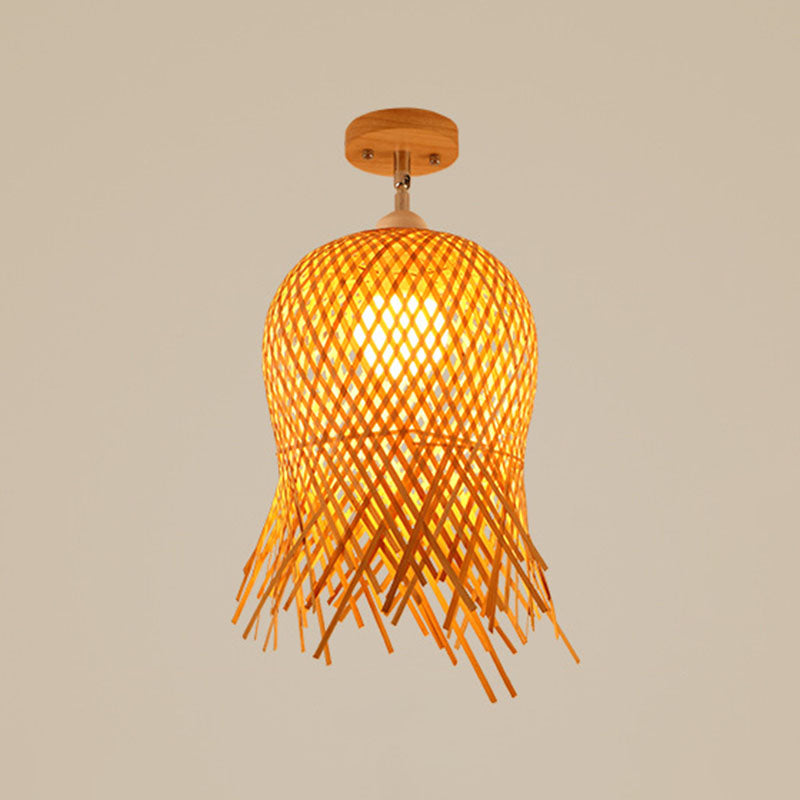 Geometric Semi Flush Mount Light Asian Bamboo Single Aisle Ceiling Flush Lamp in Wood Clearhalo 'Ceiling Lights' 'Close To Ceiling Lights' 'Close to ceiling' 'Semi-flushmount' Lighting' 2044694