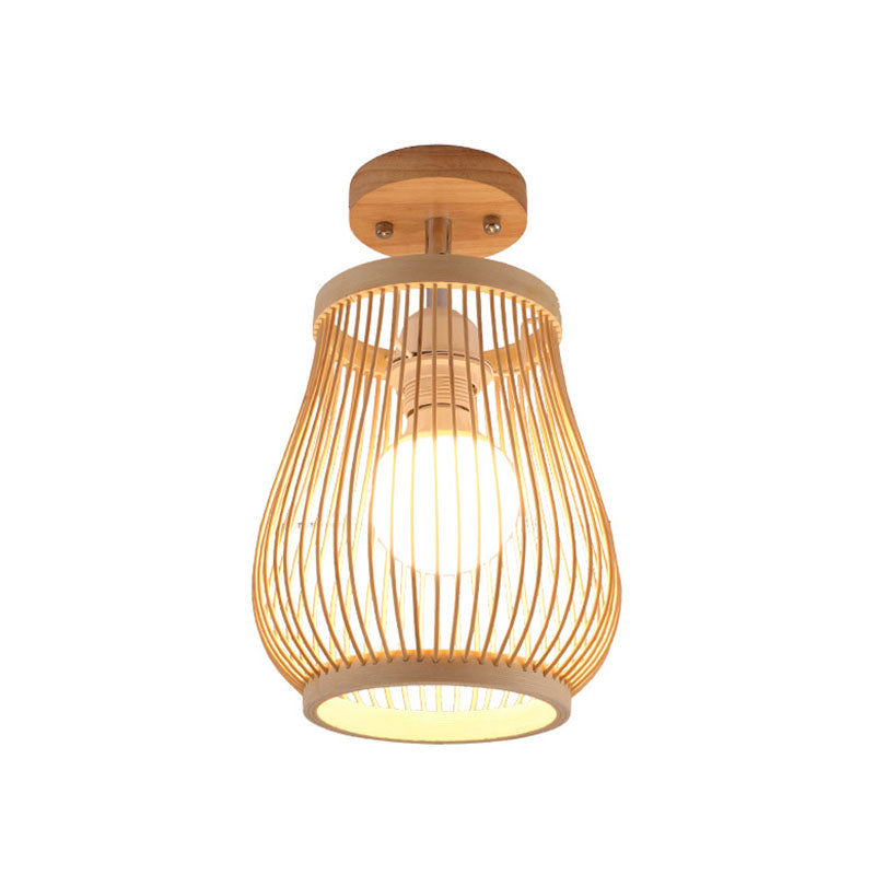 Geometric Semi Flush Mount Light Asian Bamboo Single Aisle Ceiling Flush Lamp in Wood Clearhalo 'Ceiling Lights' 'Close To Ceiling Lights' 'Close to ceiling' 'Semi-flushmount' Lighting' 2044697