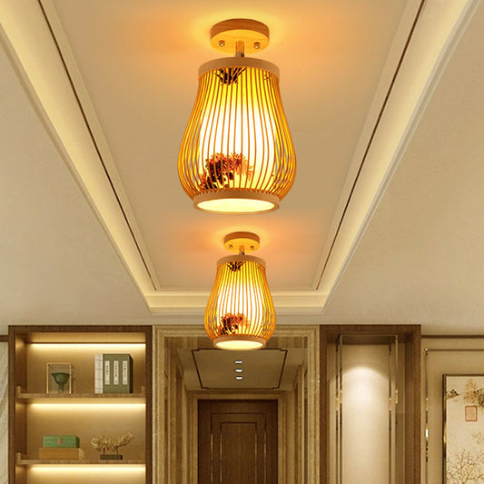 Geometric Semi Flush Mount Light Asian Bamboo Single Aisle Ceiling Flush Lamp in Wood Wood C Clearhalo 'Ceiling Lights' 'Close To Ceiling Lights' 'Close to ceiling' 'Semi-flushmount' Lighting' 2044698