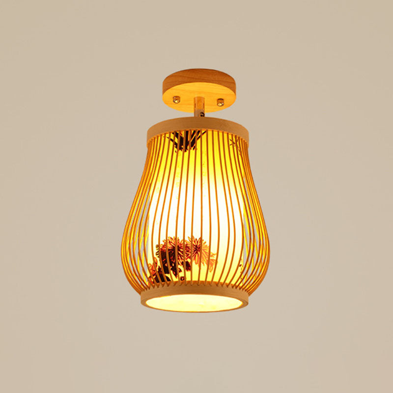 Geometric Semi Flush Mount Light Asian Bamboo Single Aisle Ceiling Flush Lamp in Wood Clearhalo 'Ceiling Lights' 'Close To Ceiling Lights' 'Close to ceiling' 'Semi-flushmount' Lighting' 2044699