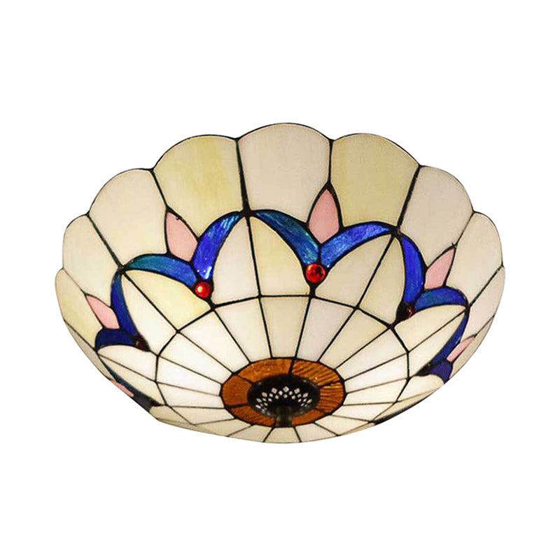 Living Room Ceiling Lights Rustic Style 10"/12" Inch Dome Flush Mount Light Fixture with Jewel Decoration in White/Beige/Blue/Clear Beige Clearhalo 'Ceiling Lights' 'Close To Ceiling Lights' 'Close to ceiling' 'Glass shade' 'Glass' 'Semi-flushmount' 'Tiffany close to ceiling' 'Tiffany' Lighting' 20447