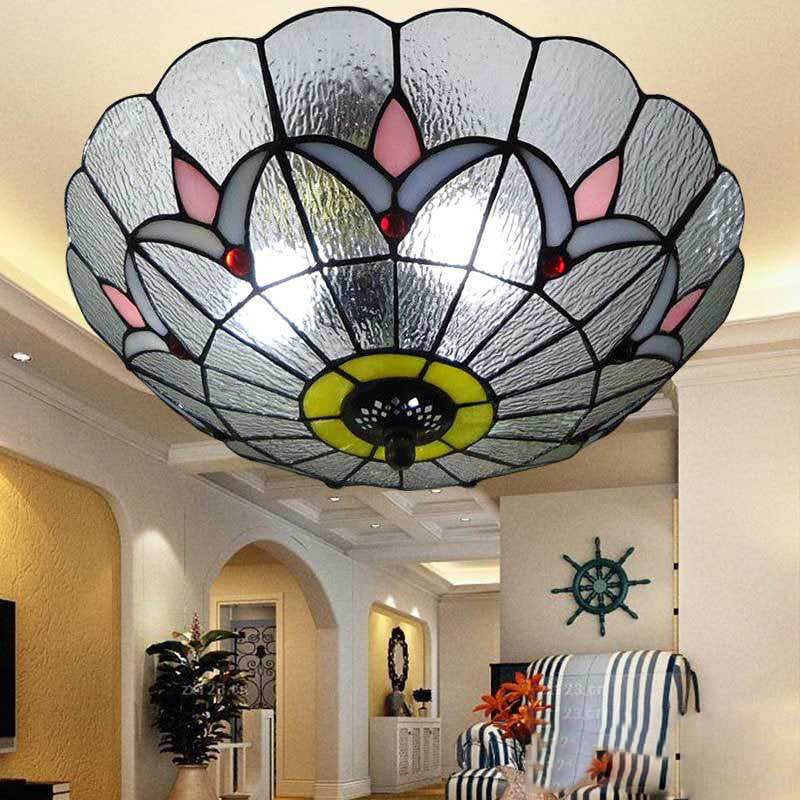Living Room Ceiling Lights Rustic Style 10"/12" Inch Dome Flush Mount Light Fixture with Jewel Decoration in White/Beige/Blue/Clear Clear Clearhalo 'Ceiling Lights' 'Close To Ceiling Lights' 'Close to ceiling' 'Glass shade' 'Glass' 'Semi-flushmount' 'Tiffany close to ceiling' 'Tiffany' Lighting' 20448