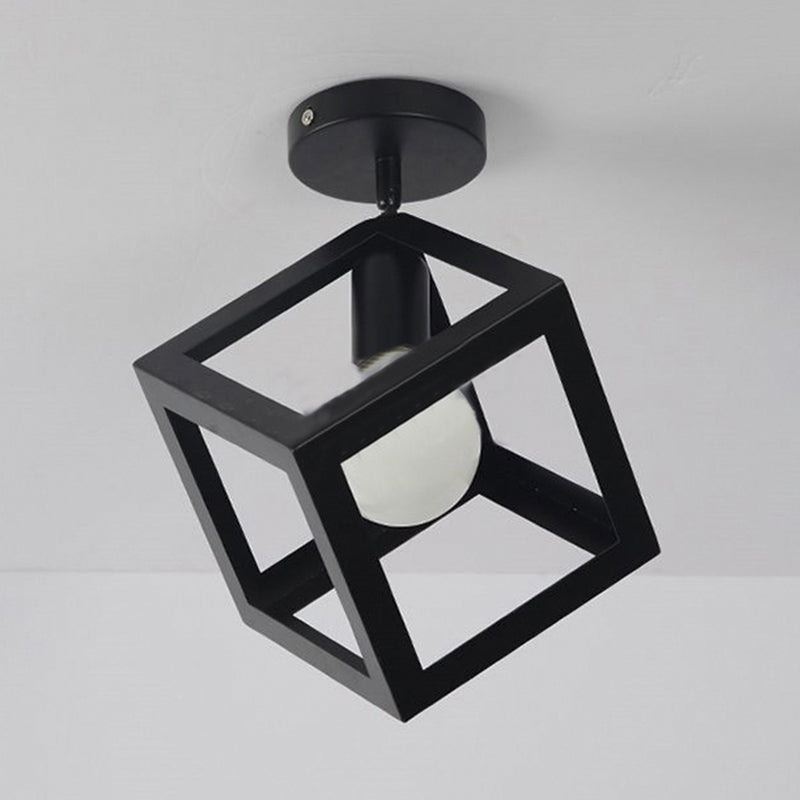 1 Light Squared Ceiling Mounted Light with Wire Guard Loft Style Black/Gray Metallic Semi-Flush Lighting for Bedroom Black Clearhalo 'Ceiling Lights' 'Close To Ceiling Lights' 'Close to ceiling' 'Semi-flushmount' Lighting' 204487