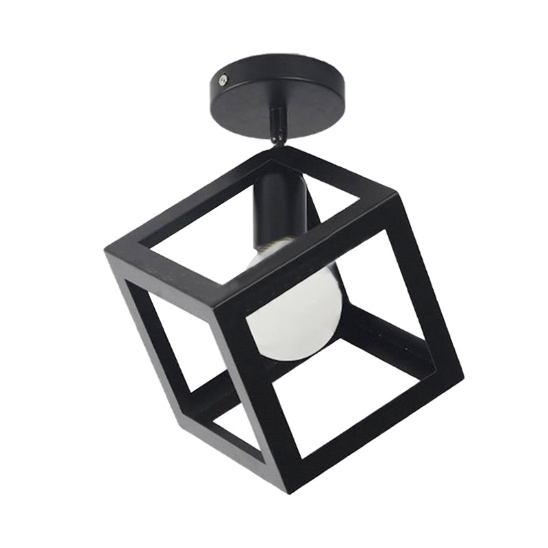 1 Light Squared Ceiling Mounted Light with Wire Guard Loft Style Black/Gray Metallic Semi-Flush Lighting for Bedroom Clearhalo 'Ceiling Lights' 'Close To Ceiling Lights' 'Close to ceiling' 'Semi-flushmount' Lighting' 204489