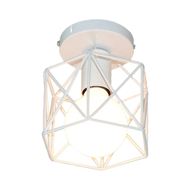 Hexagon Iron Ceiling Mounted Fixture with Cage Shade Vintage Stylish 1 Bulb Balcony Close to Ceiling Lamp in Black/White Clearhalo 'Ceiling Lights' 'Close To Ceiling Lights' 'Close to ceiling' 'Semi-flushmount' Lighting' 204536