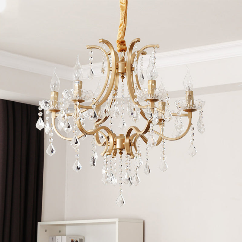 Metal Flameless Candle Pendant Chandelier Light Modernism 6/8 Heads Hanging Lamp with Crystal Bead in Gold 6 Gold Clearhalo 'Ceiling Lights' 'Chandeliers' 'Modern Chandeliers' 'Modern' Lighting' 204624