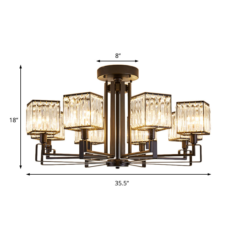 Black Squared Semi Flush Lighting 4/6/8 Lights Vintage Style Metal Ceiling Light Fixture with Crystal Prism for Bedroom Clearhalo 'Ceiling Lights' 'Close To Ceiling Lights' 'Close to ceiling' 'Semi-flushmount' Lighting' 204677