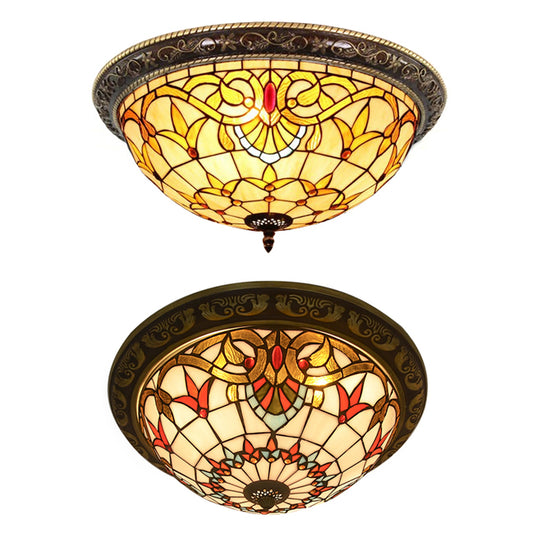 16"/19.5" W Victorian Stained Glass Ceiling Light for Bedroom 4 Lights Half Globe Flush Mount Light Fixture in Beige Clearhalo 'Ceiling Lights' 'Close To Ceiling Lights' 'Close to ceiling' 'Flush mount' Lighting' 20468