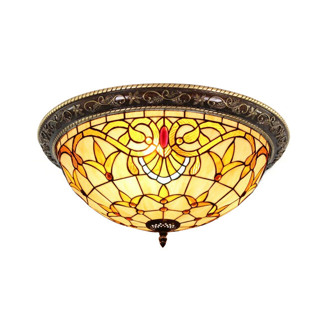 16"/19.5" W Victorian Stained Glass Ceiling Light for Bedroom 4 Lights Half Globe Flush Mount Light Fixture in Beige Beige 16" Clearhalo 'Ceiling Lights' 'Close To Ceiling Lights' 'Close to ceiling' 'Flush mount' Lighting' 20469