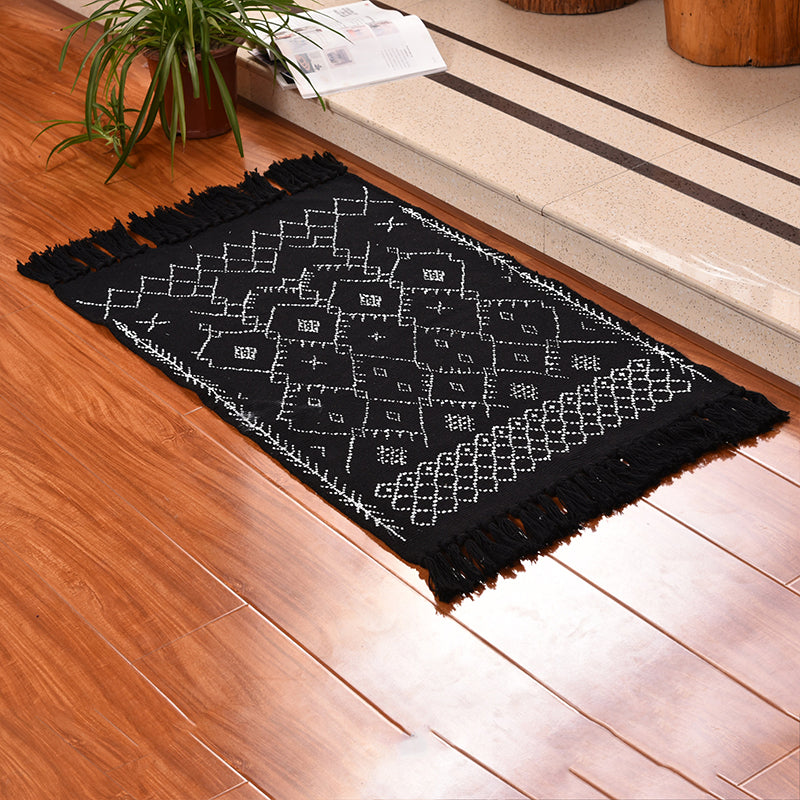 Dark Color Bohemia Rug Cotton Lattice Print Rug Pet Friendly Machine Washable Carpet for Great Room Black Clearhalo 'Area Rug' 'Bohemian' 'Rugs' Rug' 2046901