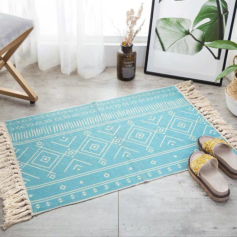 Multi-Color Palm Leaf Rug Cotton Bohemia Rug Machine Washable Carpet for Room Blue 2' x 2'11" Clearhalo 'Area Rug' 'Bohemian' 'Rugs' Rug' 2047167