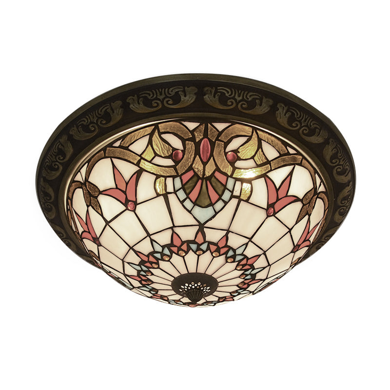 16"/19.5" W Victorian Stained Glass Ceiling Light for Bedroom 4 Lights Half Globe Flush Mount Light Fixture in Beige Clearhalo 'Ceiling Lights' 'Close To Ceiling Lights' 'Close to ceiling' 'Flush mount' Lighting' 20472