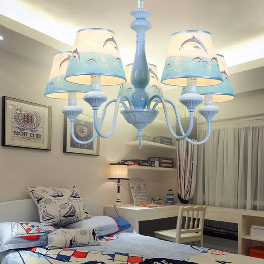Modern Style Tapered Shade Chandelier with Dolphin 5 Lights Metal Hanging Light in Blue for Child Bedroom Clearhalo 'Ceiling Lights' 'Chandeliers' Lighting' options 204740