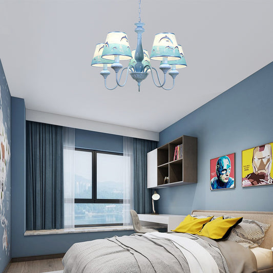 Modern Style Tapered Shade Chandelier with Dolphin 5 Lights Metal Hanging Light in Blue for Child Bedroom Clearhalo 'Ceiling Lights' 'Chandeliers' Lighting' options 204741