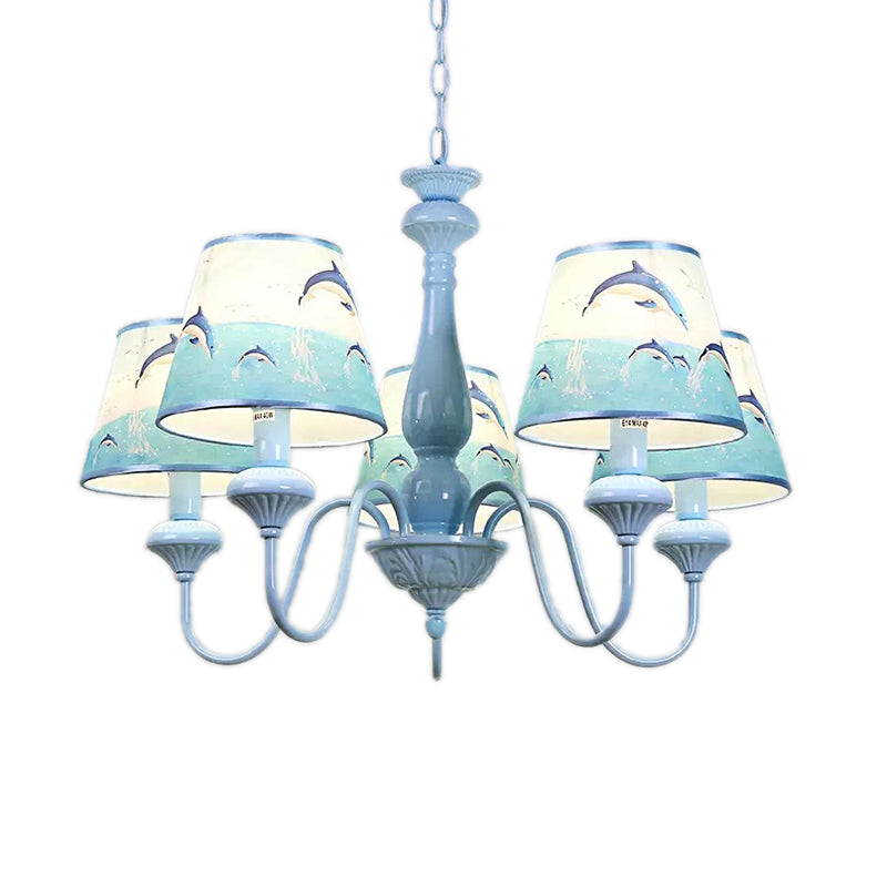 Modern Style Tapered Shade Chandelier with Dolphin 5 Lights Metal Hanging Light in Blue for Child Bedroom Clearhalo 'Ceiling Lights' 'Chandeliers' Lighting' options 204742