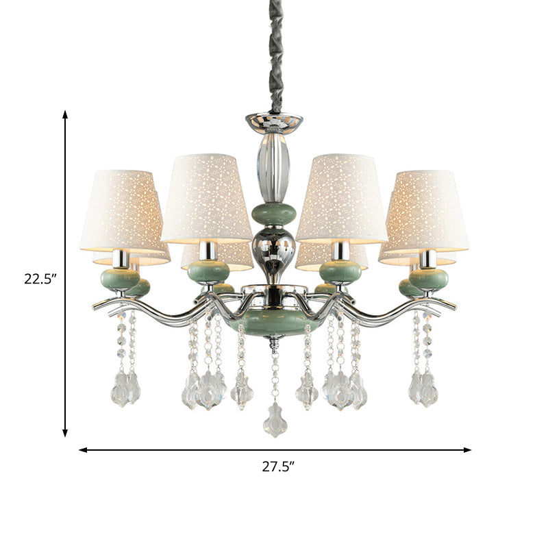 Nordic Cone Pendant Lamp Fabric 8 Lights Chandelier Light Fixture with Clear Crystal Drop in Green for Bedroom Clearhalo 'Ceiling Lights' 'Chandeliers' 'Modern Chandeliers' 'Modern' Lighting' 204753