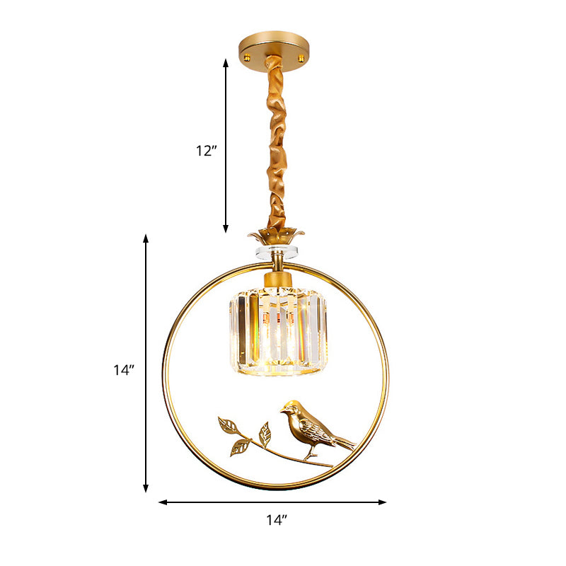 Clear Crystal Drum Ceiling Light Vintage Style 1 Bulb Hanging Light Fixture with Ring and Bird Accent in Black/Gold Clearhalo 'Ceiling Lights' 'Modern Pendants' 'Modern' 'Pendant Lights' 'Pendants' Lighting' 204754