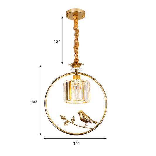 Clear Crystal Drum Ceiling Light Vintage Style 1 Bulb Hanging Light Fixture with Ring and Bird Accent in Black/Gold Clearhalo 'Ceiling Lights' 'Modern Pendants' 'Modern' 'Pendant Lights' 'Pendants' Lighting' 204754
