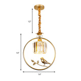 Clear Crystal Drum Ceiling Light Vintage Style 1 Bulb Hanging Light Fixture with Ring and Bird Accent in Black/Gold Clearhalo 'Ceiling Lights' 'Modern Pendants' 'Modern' 'Pendant Lights' 'Pendants' Lighting' 204754